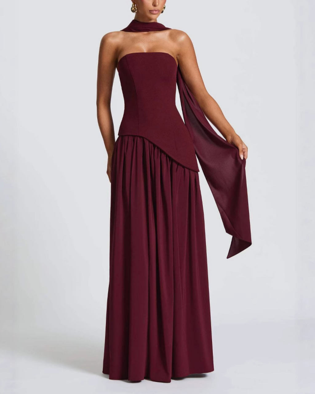 Asymmetric Corset-Style Maxi Dress with Matching Scarf